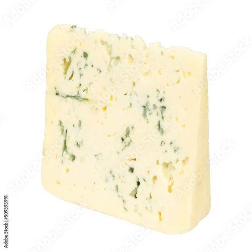 Blue cheese, slice isolated on white background.