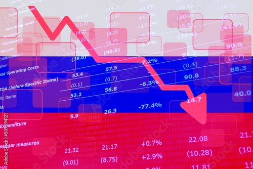 Economic crisis with stock market chart background. Russian flag painted with financial money market downturn concept.