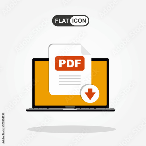 Download PDF button on laptop screen. Downloading document concept. File with PDF label and down arrow sign. Vector stock illustration.