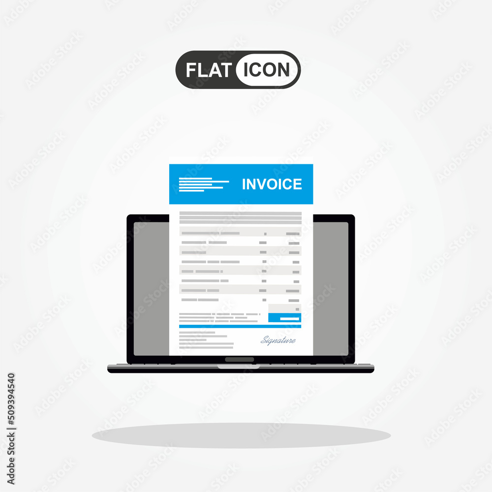 Online digital invoice laptop or notebook with bills, flat design illustration. Online digital invoice laptop or notebook with bills, flat design illustration.