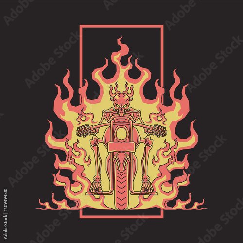 Retro illustration of fiery skeleton riding a motorcycle