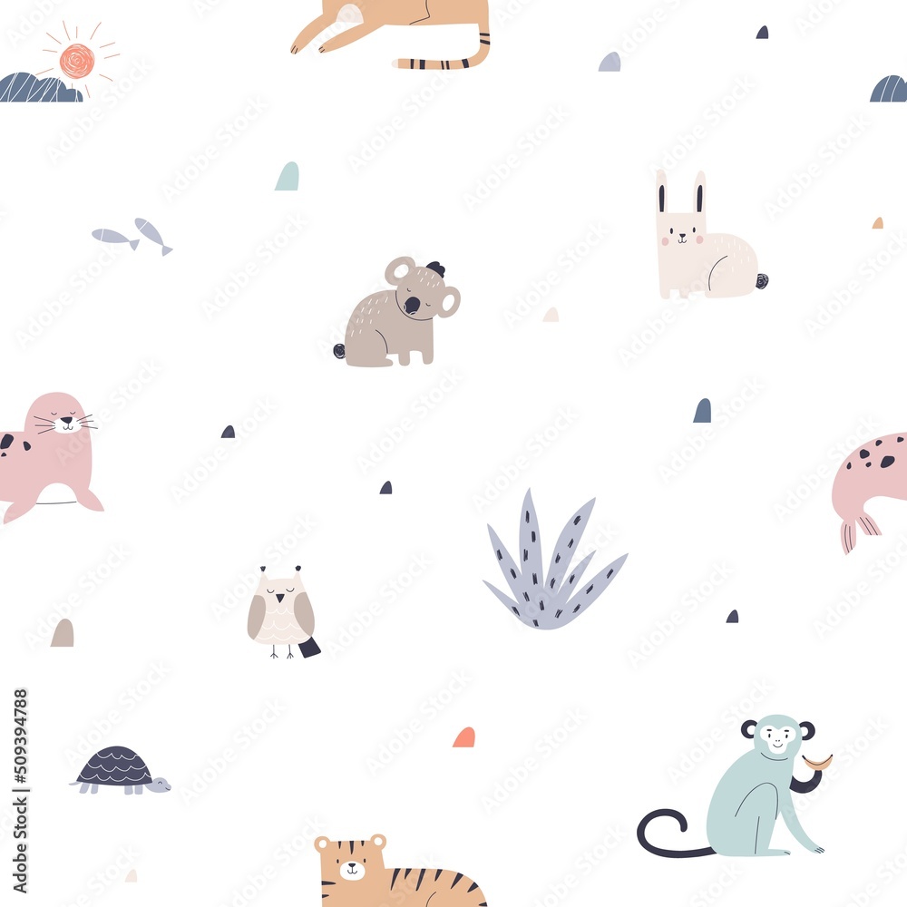 Cute Scandinavian animals pattern. Repeating print with kids characters in Scandi style. Seamless background for childish wallpaper, textile. Printable colored flat graphic vector illustration