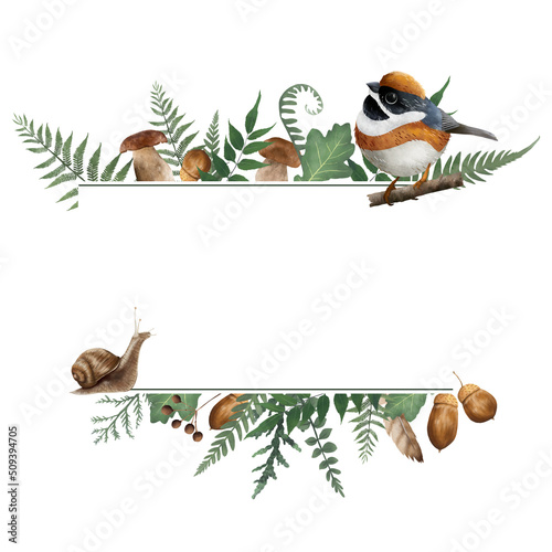 Rustic border template with forest elements, green leaves, acorns, berries. Autumn botanical frame. Invitation frame isolated on white. Design element for invitations, greeting cards, cosmetic etc