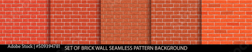 Brick wall seamless pattern set. Different brick background textures - red, orange, brown colors. Set of seamless brick wall texture. Vector wall pattern illustration.
