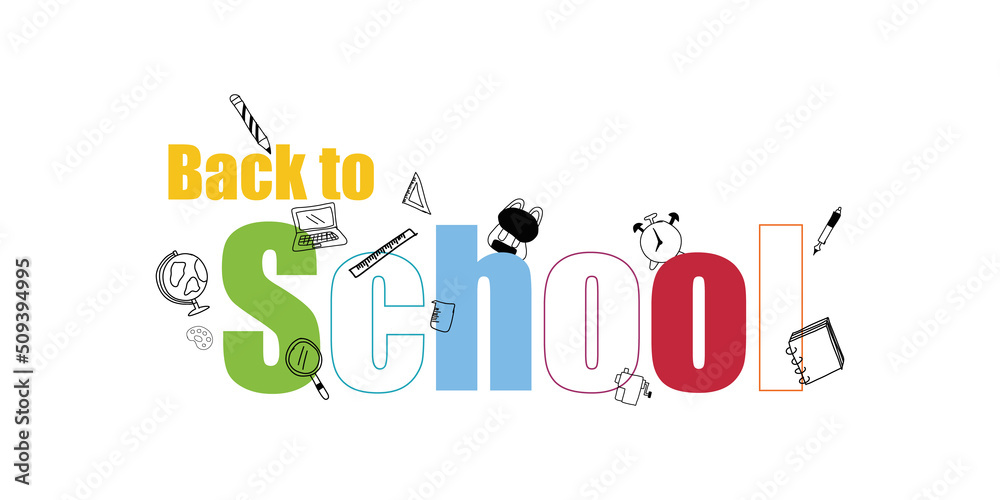 Education concept. The letter of back to school with a doodle book, pen, pencil, ruler, globe, and bag on white background for a backdrop. E-learning and online crouse. Education concept. The letter of back to school with a doodle book, pen, pencil, ruler, globe, and bag on white background for a backdrop. E-learning and online crouse.