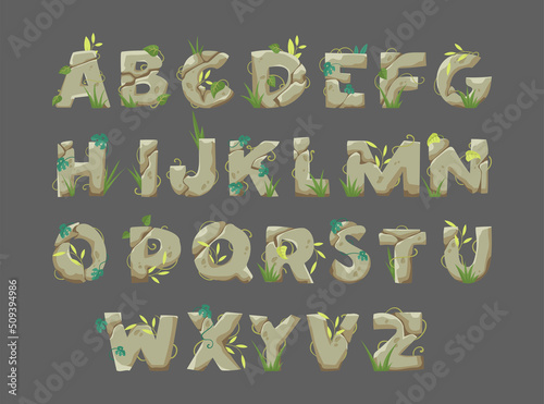 Alphabet with stone letters vector illustrations set. Medieval or stone age style font, letters as rocks with leaves and grass on grey background. Education, geology, jungle concept for game or UI
