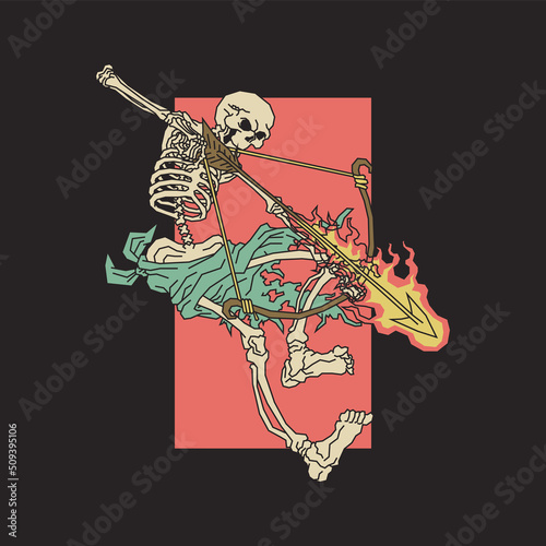 Retro illustration of shooting skeleton with fire arrow