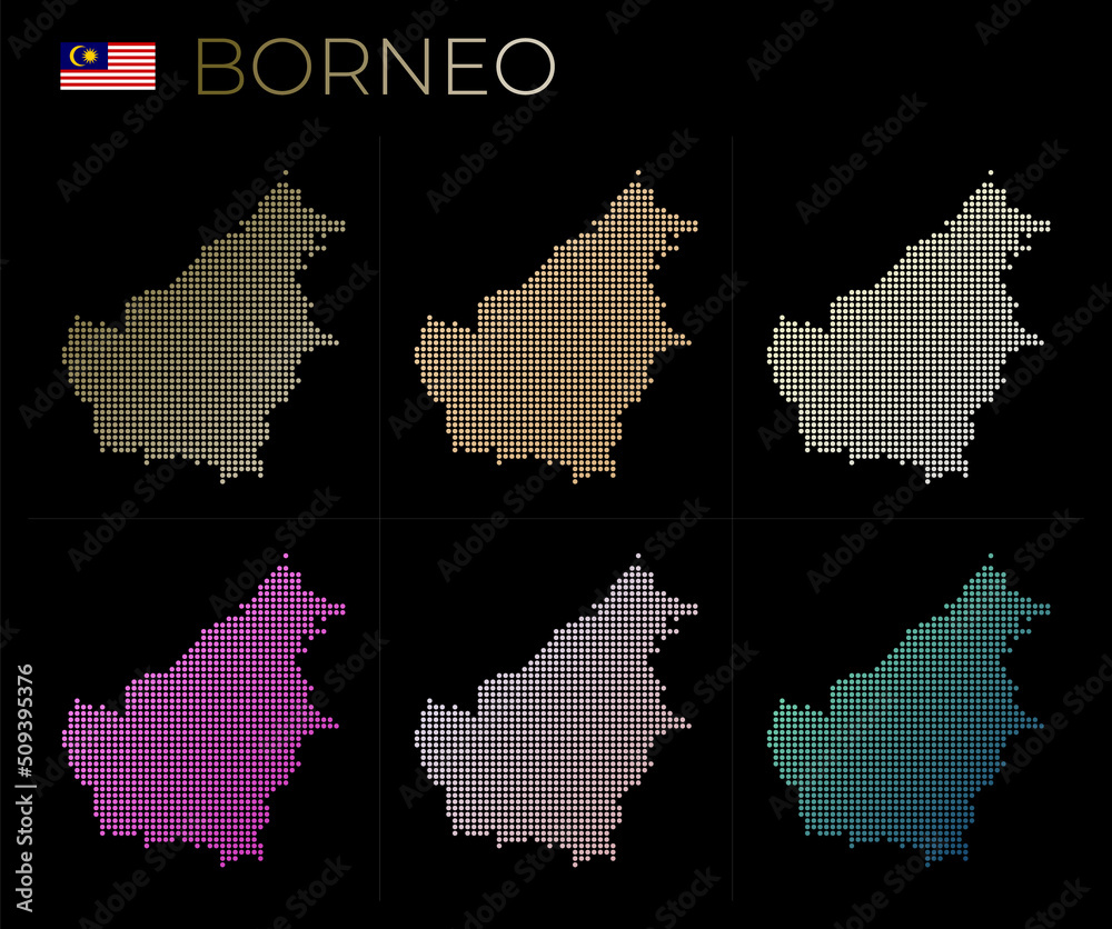 Borneo dotted map set. Map of Borneo in dotted style. Borders of the island filled with beautiful smooth gradient circles. Appealing vector illustration.