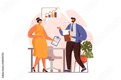 Business meeting web concept in flat design. Man and woman discuss tasks  generate ideas and communicate in office. Colleagues brainstorming at conference. Illustration with people scene