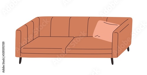 Mid-century sofa design. Trendy retro-styled couch, love seats with cushion. Cozy soft furniture on wood base for living room interior. Colored flat vector illustration isolated on white background