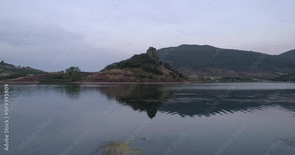 Drone view over Salagou Lake in the South of France. Magnificent sunset view.