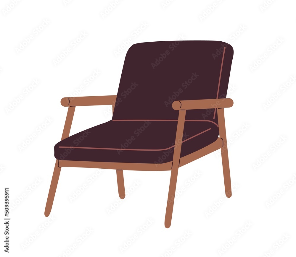 Armchair design in retro mid-century style. Trendy arm chair seat with wood legs and armrests. 1960s cozy upholstered lounge furniture. Colored flat vector illustration isolated on white background Armchair design in retro mid-century style. Trendy arm chair seat with wood legs and armrests. 1960s cozy upholstered lounge furniture. Colored flat vector illustration isolated on white background