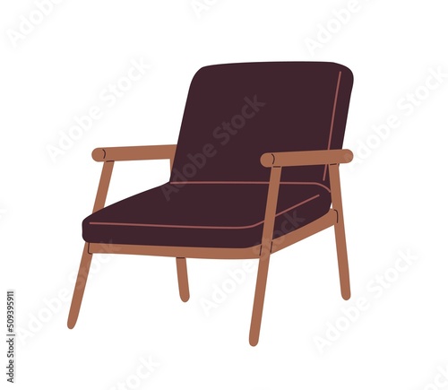 Armchair design in retro mid-century style. Trendy arm chair seat with wood legs and armrests. 1960s cozy upholstered lounge furniture. Colored flat vector illustration isolated on white background