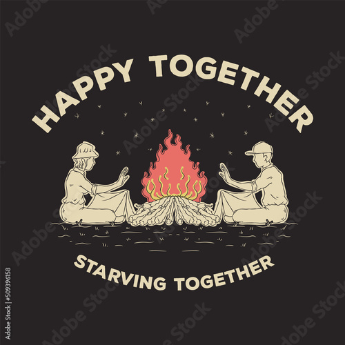 Vintage illustration of adventurer couple warming up by the bonfire
