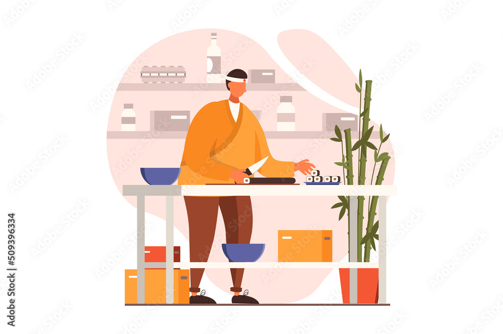 Cooking and restaurant web concept in flat design. Sushi chef prepares dish of Asian cuisine standing at table in kitchen. Culinary art and professional staff. Illustration with people scene Cooking and restaurant web concept in flat design. Sushi chef prepares dish of Asian cuisine standing at table in kitchen. Culinary art and professional staff. Illustration with people scene