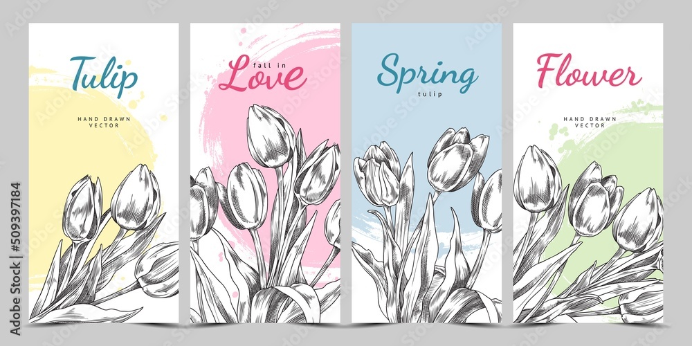 Set of cards or flyers with hand drawn monochrome tulips