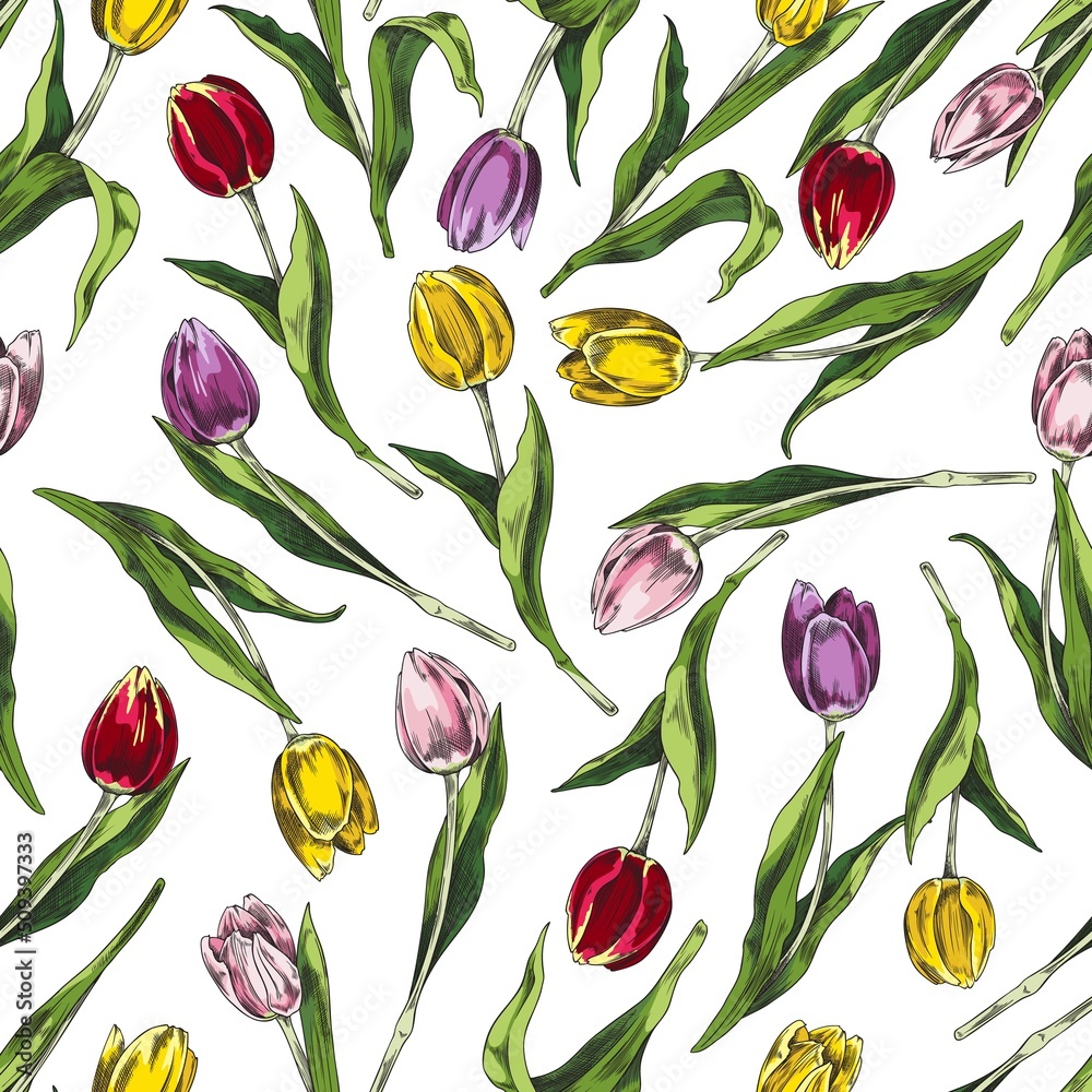 Fototapeta premium Seamless pattern with hand drawn colorful tulips sketch style