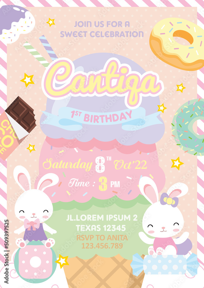 Ice cream Party Birthday Invitation with cute bunny