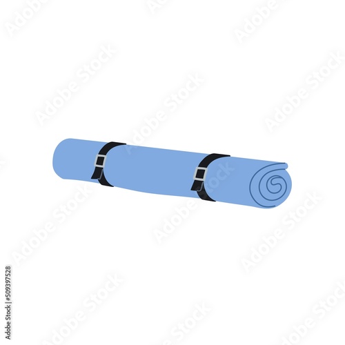 Rolled mat with straps for fitness, gym, yoga. Picnic matt. Foam mattress, blanket for hiking, tourism, camping. Flat vector illustration isolated on white background