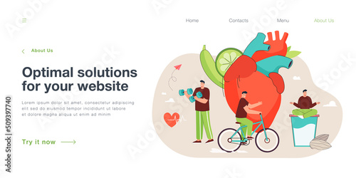 Man with healthy lifestyle on huge human heart background. Person eating healthy food, riding bike, doing exercises flat vector illustration. Health, sports, medicine concept for web design