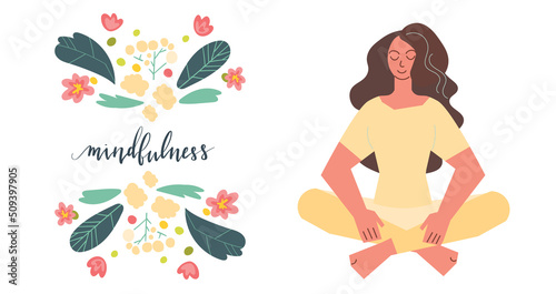 Mindfulness hand written brush lettering in script. Illustration postcard template with text, plants and flowers.