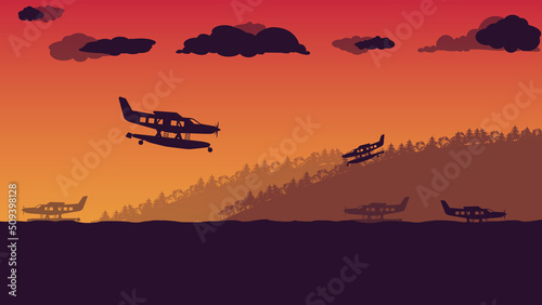 silhouette of sea air planer in the sea on orange gradient background