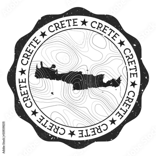 Crete outdoor stamp. Round sticker with map of island with topographic isolines. Vector illustration. Can be used as insignia, logotype, label, sticker or badge of Crete.