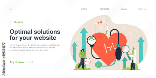 Tiny cardiology doctor and nurse examining heart, blood pressure, prescribing treatment. Medical cardiovascular checkup flat vector illustration. Anatomy, hospital, heart diseases, health care concept