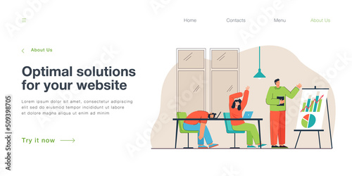 Team of office people tired of boring presentation of speaker. Tiresome lecture, cartoon characters at meeting flat vector illustration. Business training concept for banner or landing web page