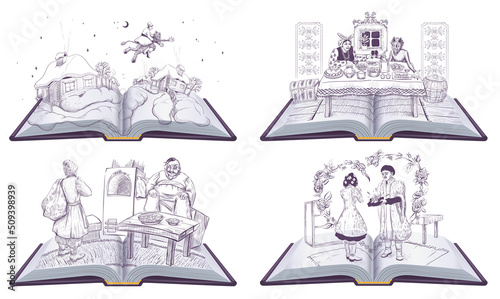 Set ukrainian literature reading open book. Vector cartoon illustration