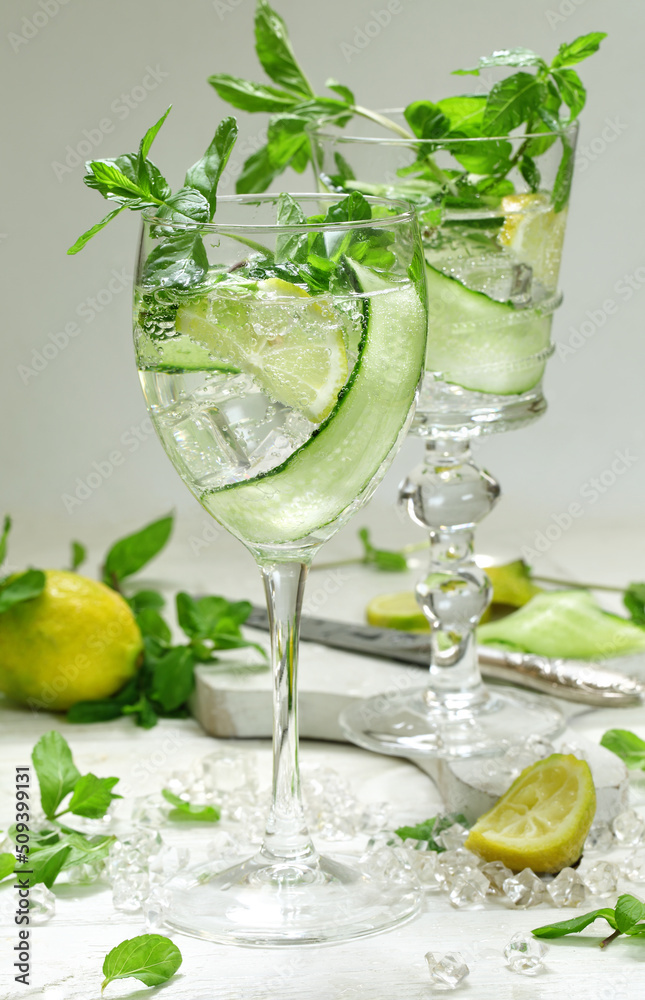 Vegetarian cocktail with cucumber, mint and lemon