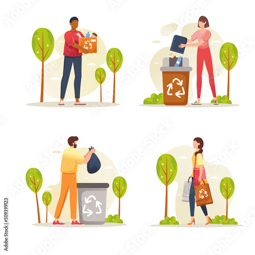 Waste recycling concept with people scene set. Men and women gathering trash, sorting, putting rubbish in bins and disposal products. Protect environment. Vector illustration in flat design for web