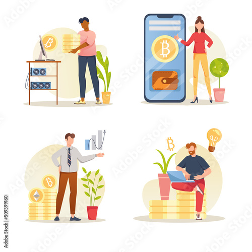 Cryptocurrency concept with people scene set. Men and women mining crypto money, buying and selling bitcoins at marketplaces, trade and increase income. Vector illustration in flat design for web