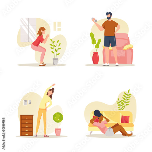 Fitness at home concept with people scene set. Men and women doing morning exercises, sport training, practicing yoga, doing exercises with dumbbells. Vector illustration in flat design for web