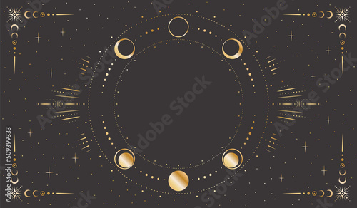 Vector mystic celestial golden frame with stars, moon phases, crescents, beams and copy space. Ornate shiny magical border. Banner with a place for text