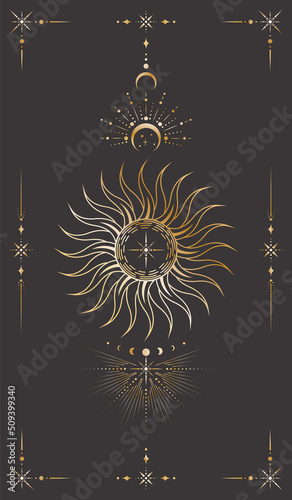 Vector celestial background with ornate outline sun, stars, moon phases, crescents, beams and elegant shiny frame. Mystic golden linear banner with magical symbols. Cover for tarot card