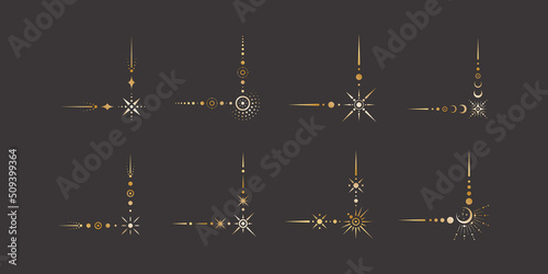 Vector celestial golden border set with stars, moon phases, crescents and dots. Collection of ornate magical isolated clipart with shiny corners for mystic decoration frames