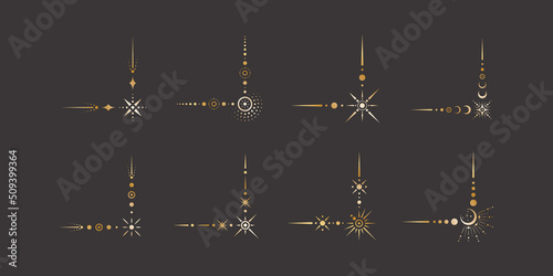 Vector celestial golden border set with stars, moon phases, crescents and dots. Collection of ornate magical isolated clipart with shiny corners for mystic decoration frames