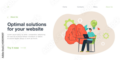 Office worker or programmer and huge brain in background. Man learning about digital technology on computer, cloud storage with data flat vector illustration. Education, AI concept for banner