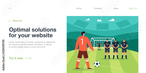 Penalty kick of soccer player on field of stadium. Male goalkeeper and team of defenders defending gate from pitch and ball hit flat vector illustration. Penalty shot, football match, league concept