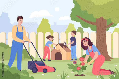 Family taking care of garden in backyard. Father mowing lawn, mother planting flower, children painting dog house flat vector illustration. Family, gardening, spring concept for banner, website design