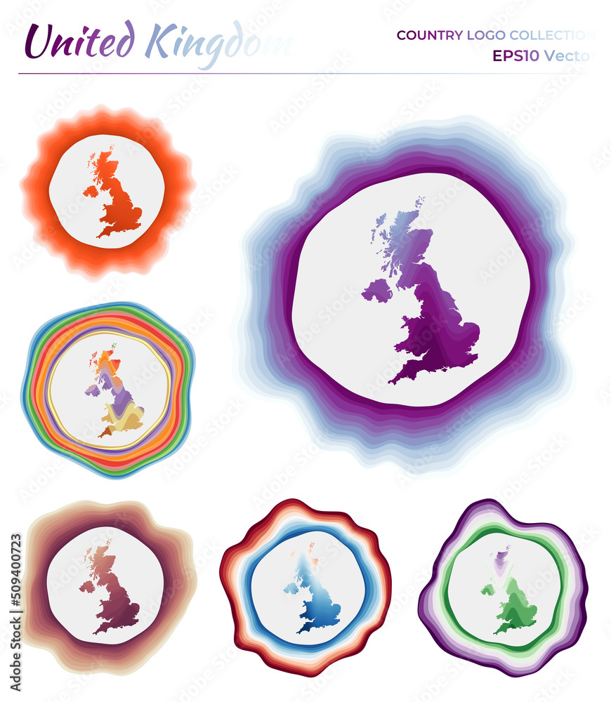 United Kingdom logo collection. Colorful badge of the country. Layers around the United Kingdom border shape. Vector illustration. United Kingdom logo collection. Colorful badge of the country. Layers around the United Kingdom border shape. Vector illustration.