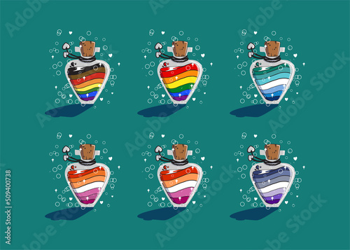 set of elixir, potion bottle designs of LGBTQ pride flags. rainbow flag, POC rainbow flag, lesbian, gay, gay male, butch lesbian, queer hand-drawn fantasy bottles