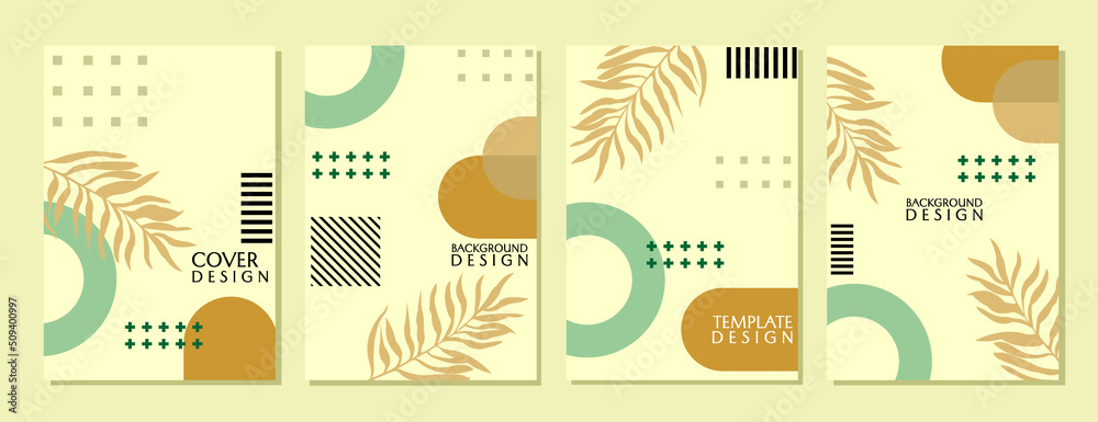 minimalist and trendy cover design set. pastel color geometric background with palm leaf ornament. design for catalog, book cover, presentation