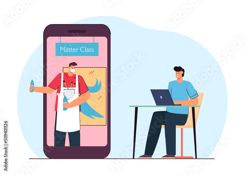 Man with laptop signing up for online art master class. Huge smartphone with artist on screen flat vector illustration. Online education, technology, creativity concept for banner or landing web page