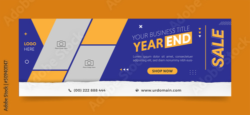 Year end sale facebook cover, web ad banner template. sale banners with product photo places. creative layout blue background for any promotion or campaign photo