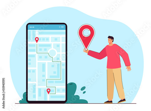 Tiny man holding location pin near big phone with city map. Cellphone screen showing route to destination flat vector illustration. Navigation, technology, traveling concept for banner, website design