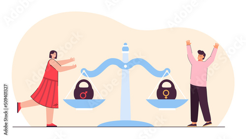 Boy and girl putting weights with gender symbols on huge scales. Balance between men and women flat vector illustration. Gender equality, society concept for banner, website design or landing web page