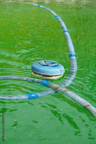 Agua verde de piscina con robot y flotador de cloro. Preparar la piscina para los baños de las vacaciones de verano
