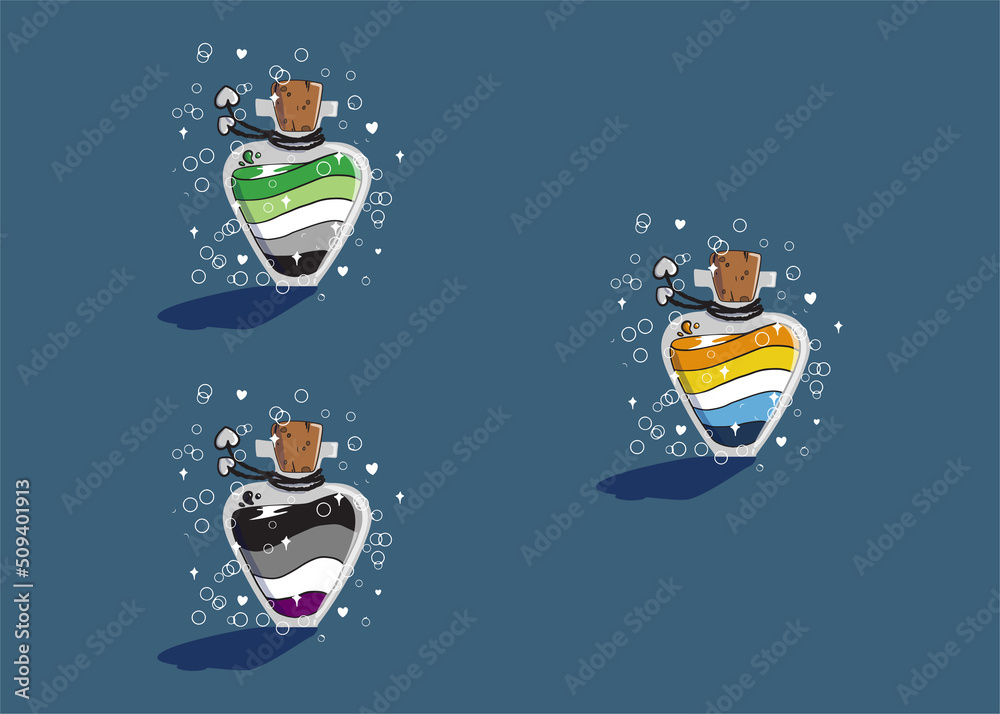 set of elixir, potion bottle designs of asexual, aromantic, and aroace pride flags. queer flags, hand-drawn fantasy bottles set of elixir, potion bottle designs of asexual, aromantic, and aroace pride flags. queer flags, hand-drawn fantasy bottles
